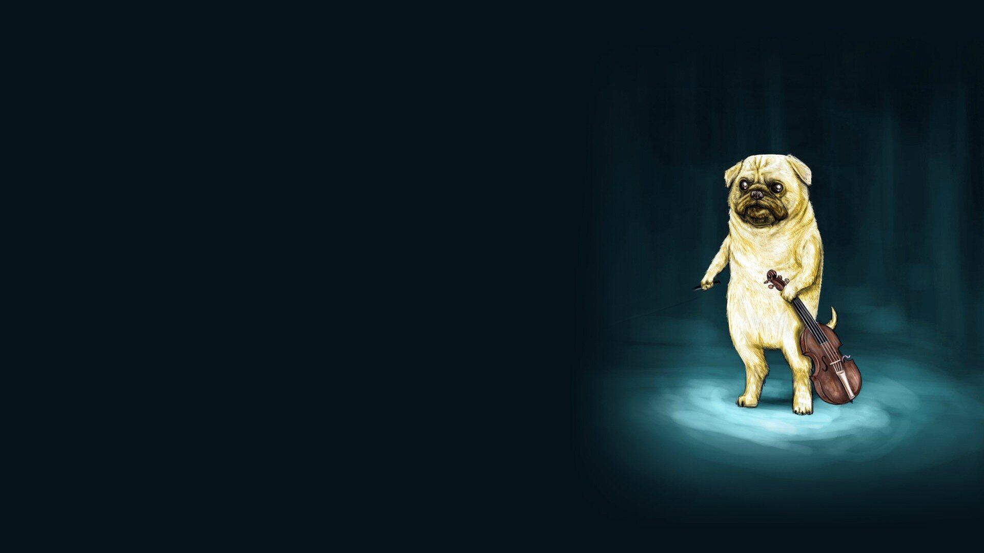 An illustrated pug standing on its hind legs in a teal spotlight, holding a violin and bow.